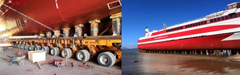 Move-85-m-Catamaran-passenger-ferry-with-SPMTs-to-slipway-1