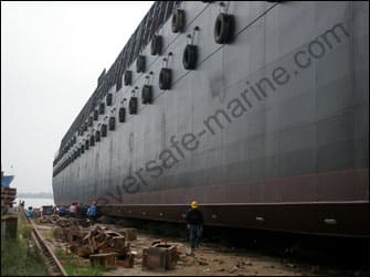 River Barge Launching with evergreen airbags