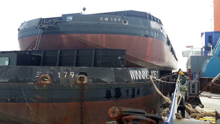Evergreen Launches 300 ft barge atop another 300 ft barge with airbags