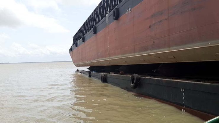 Evergreen Launches 300 ft barge atop another 300 ft barge with airbags