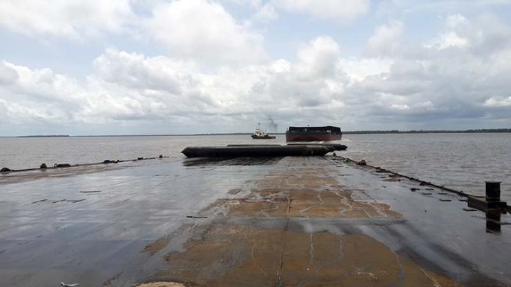Evergreen Launches 300 ft barge atop another 300 ft barge with airbags
